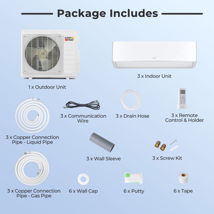 X-Pro 35000 BTU Mini Split AC package includes 3 indoor units, outdoor unit, pipes, and remote for efficient cooling and heating.
