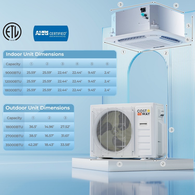 X-Pro 35000 BTU ceiling cassette mini split AC unit with dimensions and capacity details for efficient climate control.