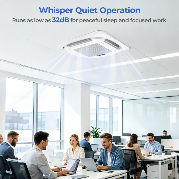 Ceiling cassette mini split AC with whisper quiet operation at 32 dB, ideal for offices and commercial spaces.