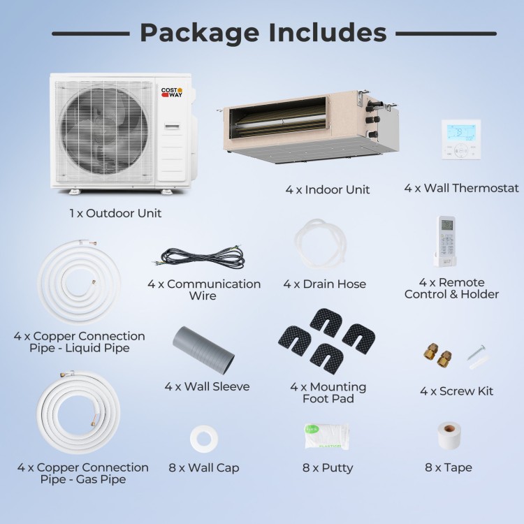 X-Pro 35000 BTU concealed ducted mini split AC package includes outdoor unit, indoor unit, and installation accessories.