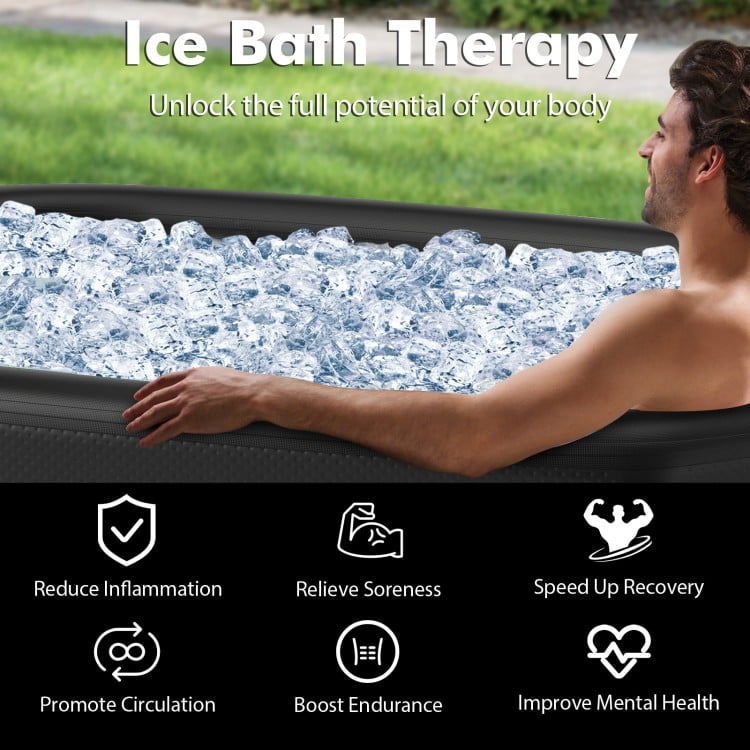 XL 129-gallon oval ice bath tub in black, designed for athletes, promotes recovery and reduces inflammation.