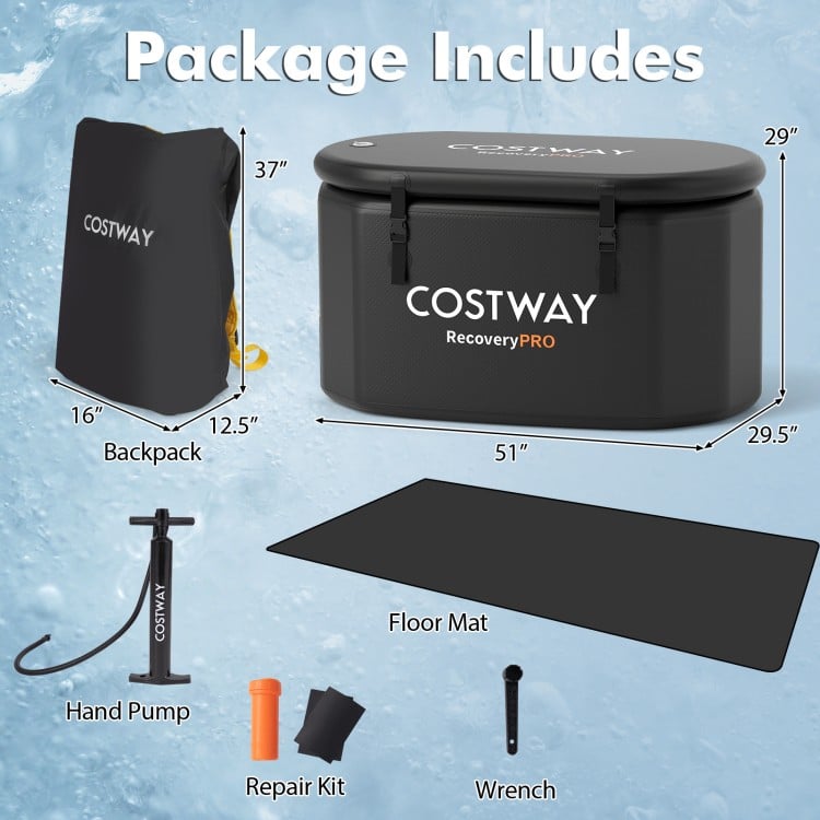 XL 129-gallon black ice bath tub with cover and hand pump, designed for athletes, includes a backpack and floor mat.
