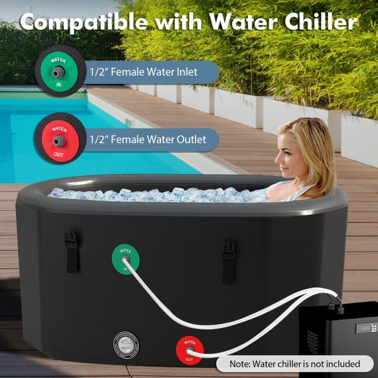 XL 129-gallon black ice bath tub with cover, hand pump, and water inlet for effective cold therapy and muscle recovery.