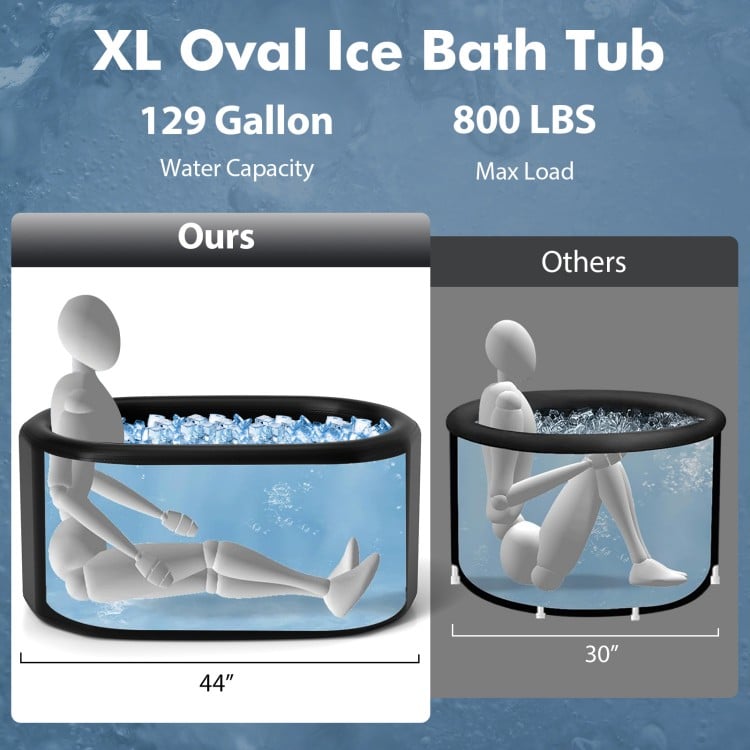 XL 129-gallon oval ice bath tub in black, designed for athletes, supports 800 lbs and allows complete leg extension.