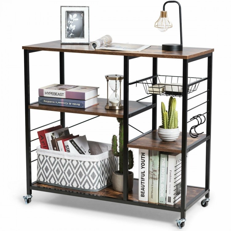Rolling industrial kitchen baker’s storage shelf with 3-tier shelves, mesh basket, and 4 swivel wheels for easy.