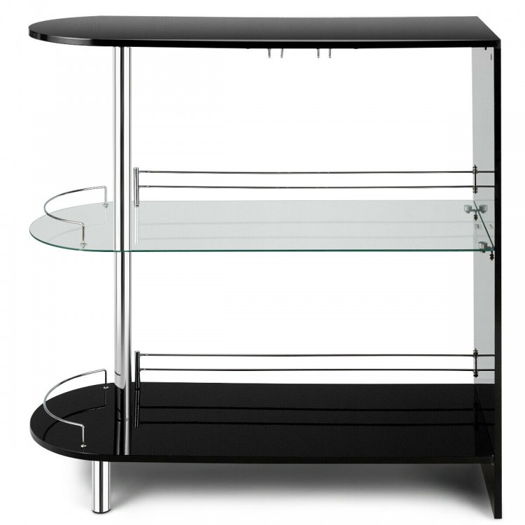 Black bar table with tempered glass shelves and metal frame, featuring two glass holders for wine storage.