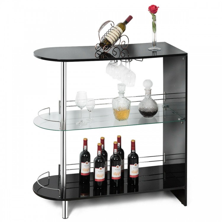 Black bar table with tempered glass shelves and wine holders, ideal for stylish storage in any interior space.