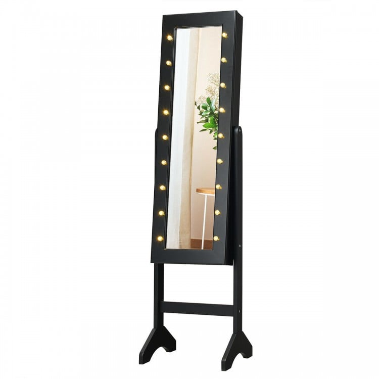 Full-length black mirrored jewelry cabinet armoire with LED lights, featuring earring lines, ring slots, and a makeup.