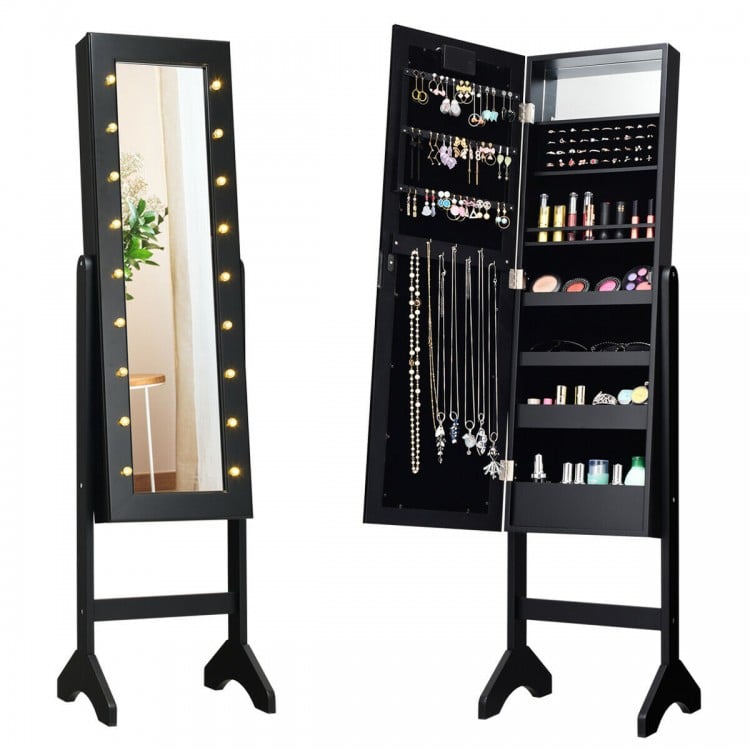 Full-length mirrored jewelry cabinet armoire in black with LED lights, featuring earring lines, ring slots, and storage.
