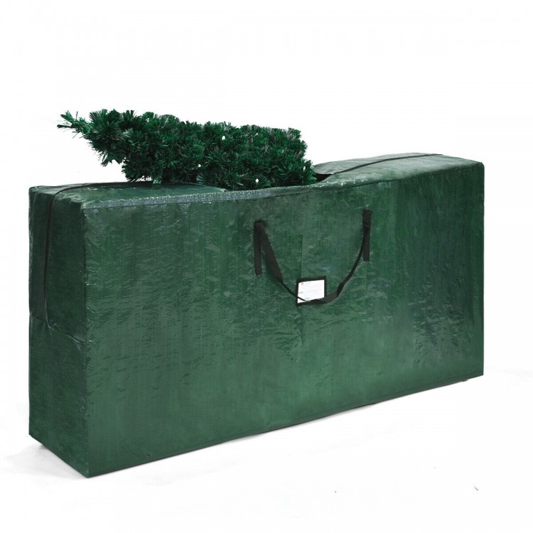 Oversized green polyethylene storage bag designed for a 9 ft artificial Christmas tree, featuring strong handles and a.