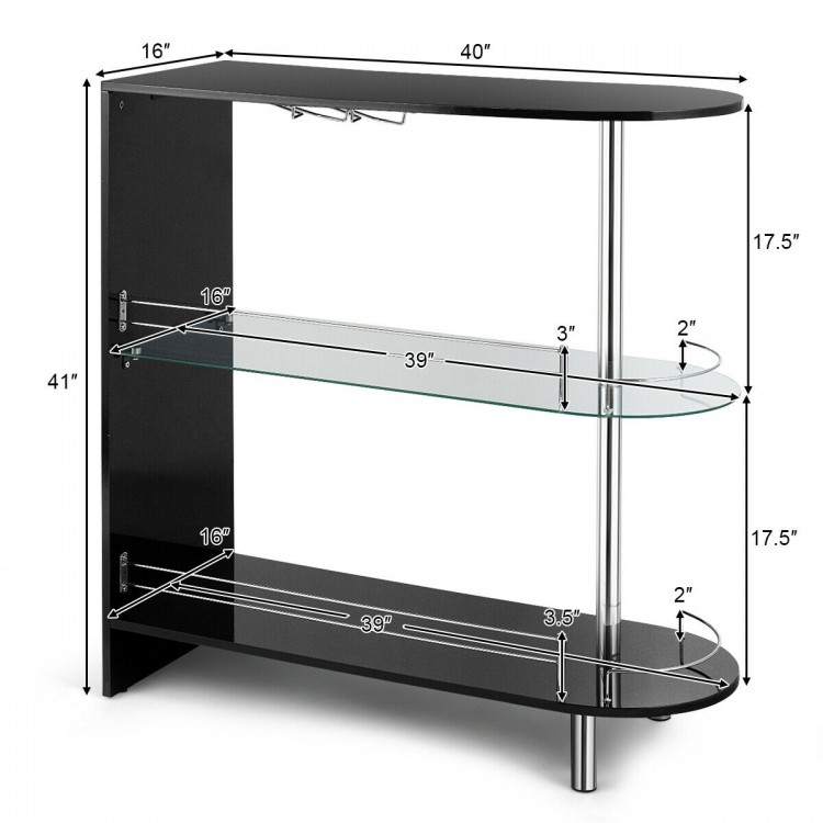 Black 2-holder bar table with tempered glass shelves, featuring a sturdy metal frame for wine and glass storage.