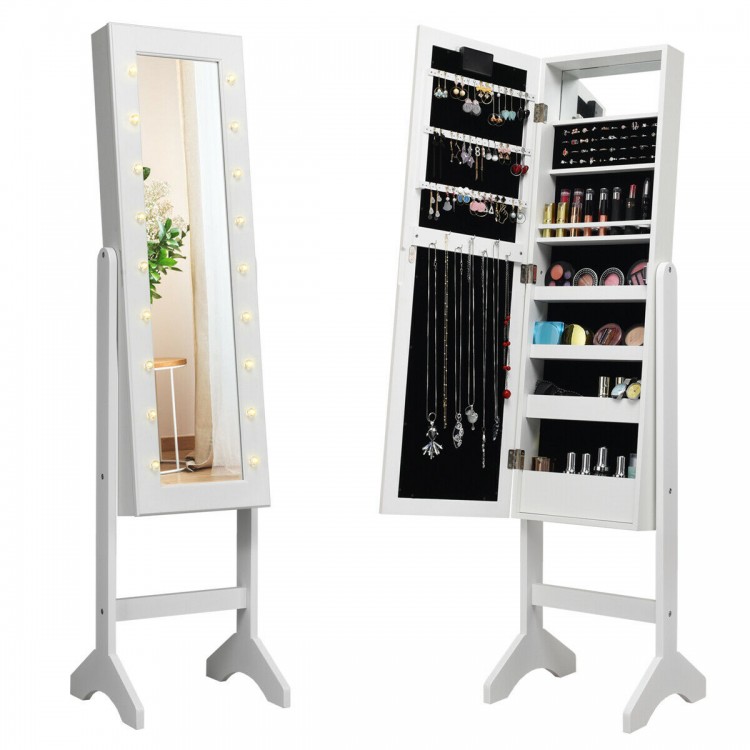 Full-length mirrored jewelry cabinet armoire in white with LED lights, featuring multiple storage options for organized.