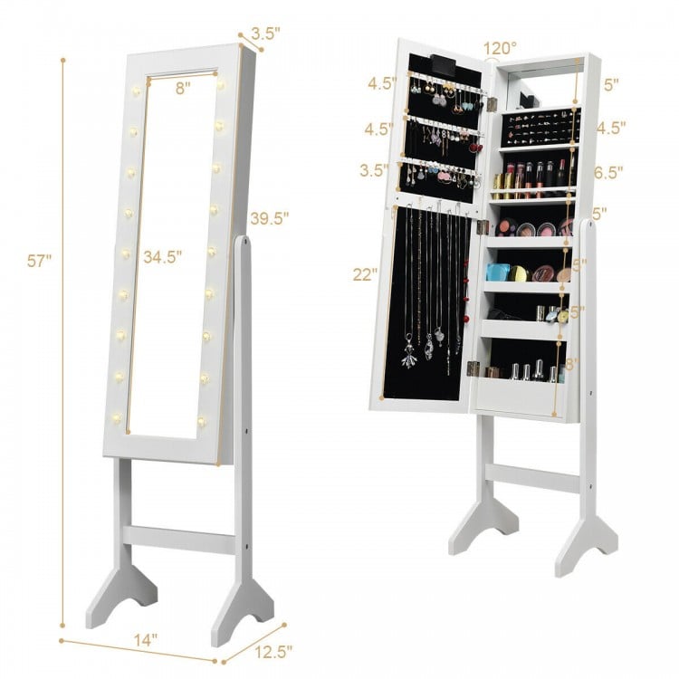 Close-up of the white mirrored jewelry cabinet armoire's interior, highlighting ring slots, lipstick storage, and.