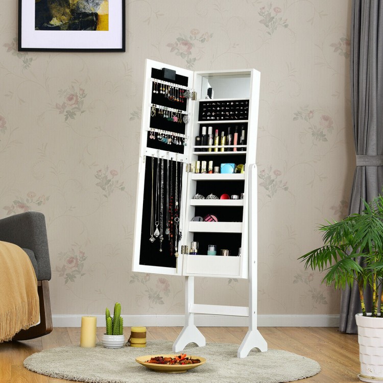 Freestanding white mirrored jewelry cabinet armoire with LED lights, featuring storage for earrings, rings, and.
