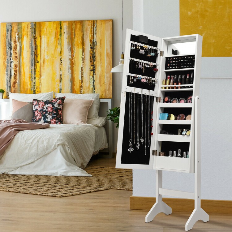 White mirrored jewelry cabinet armoire with LED lights, showcasing the interior velvet lining and organized storage for.