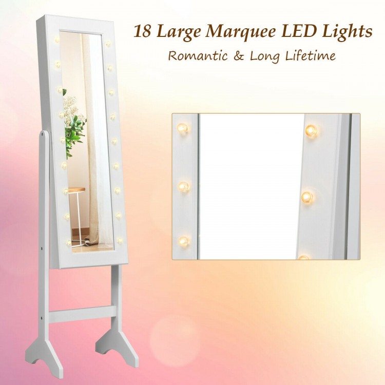 Full-length mirrored jewelry cabinet in white with 18 LED lights, featuring ample storage for jewelry and accessories.
