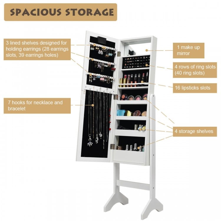 Mirrored jewelry cabinet armoire in white with LED lights, featuring earring slots, ring slots, and storage shelves.
