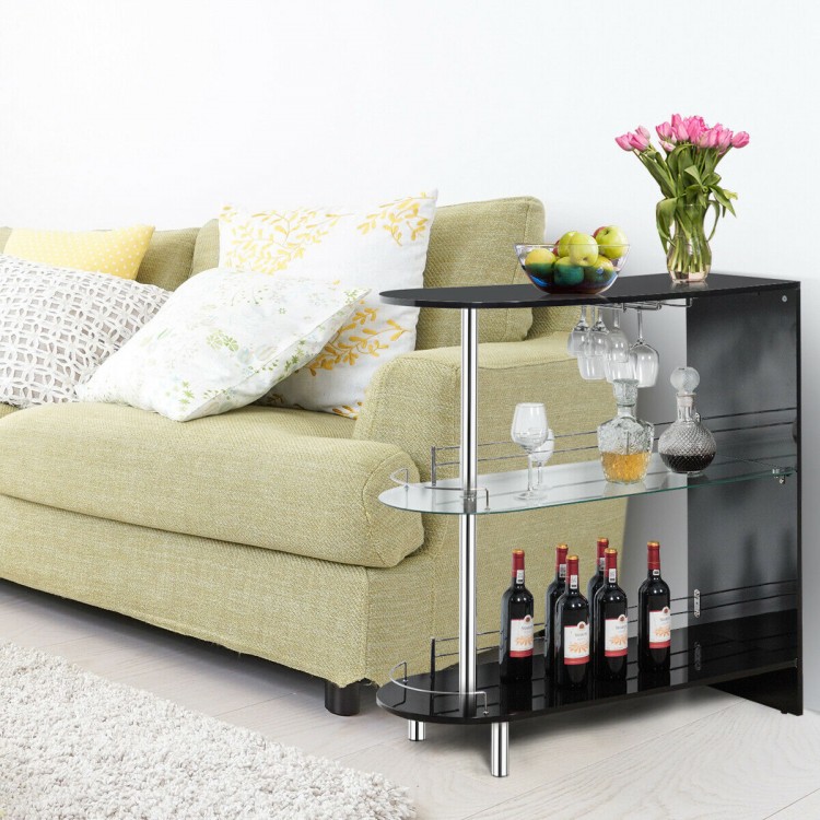 Black 2-holder bar table with tempered glass shelves, ideal for wine storage and enhancing modern interiors.