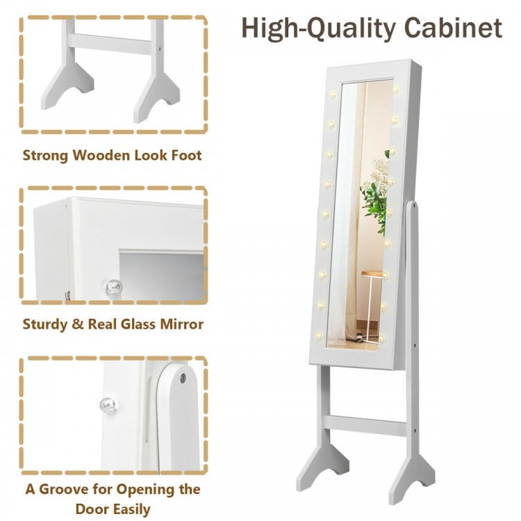 Close-up view of the white mirrored jewelry cabinet armoire showcasing the LED lights and sturdy wooden look foot.