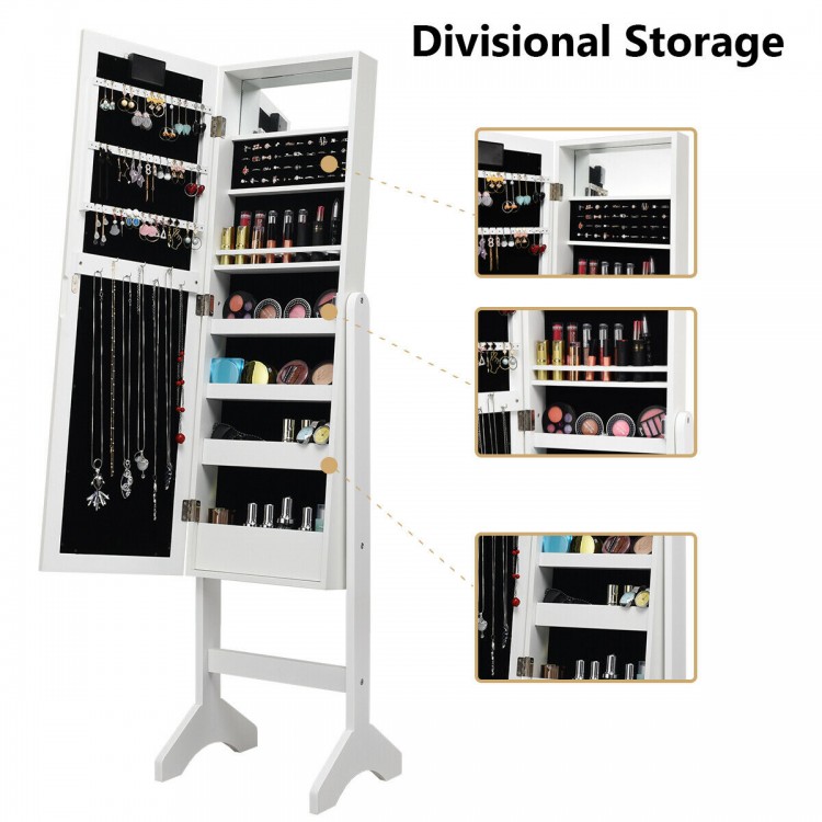 Mirrored jewelry cabinet armoire in white with LED lights, featuring earring lines, ring slots, and lipstick storage.