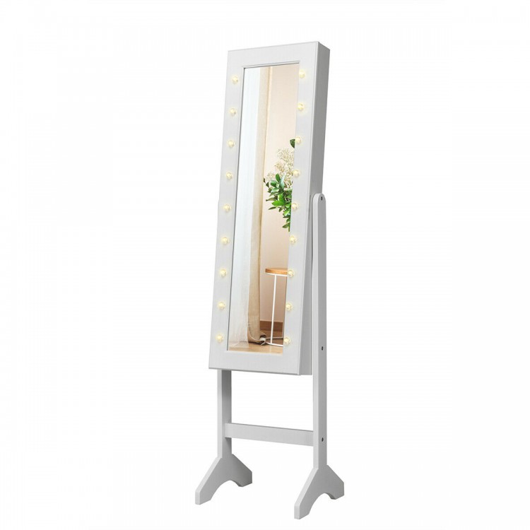 Full-length white mirrored jewelry cabinet armoire with LED lights, featuring earring lines, ring slots, and a makeup.