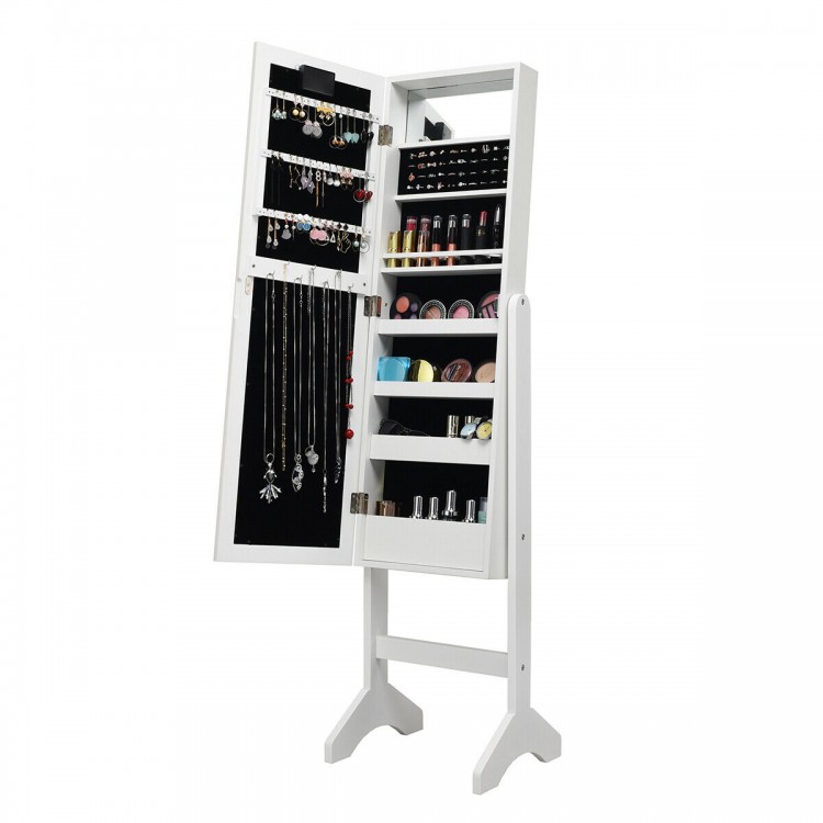 Full-length mirrored jewelry cabinet armoire in white with LED lights, featuring earring lines, ring slots, and.