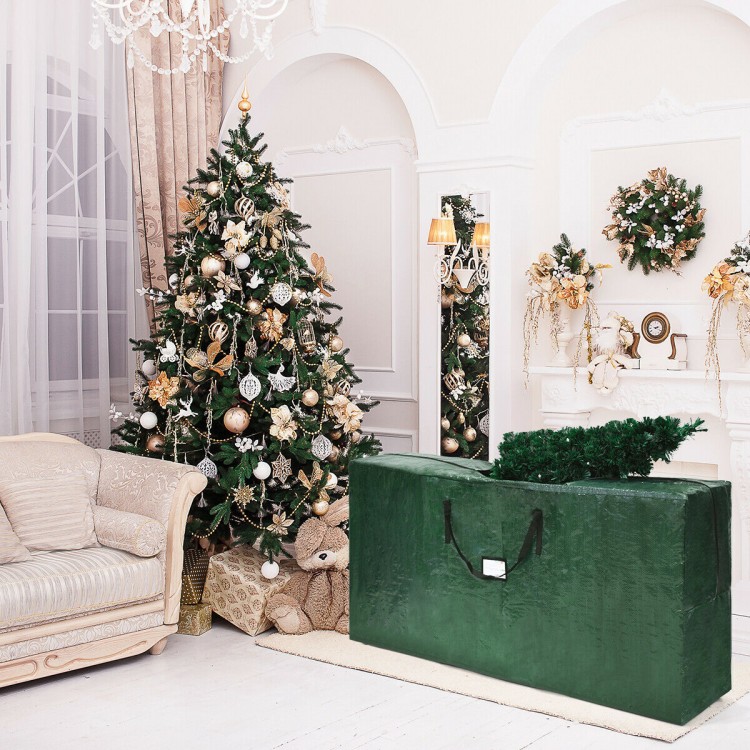 Large green PE storage bag for 9 ft artificial Christmas tree, waterproof and tear-resistant with reinforced handles.