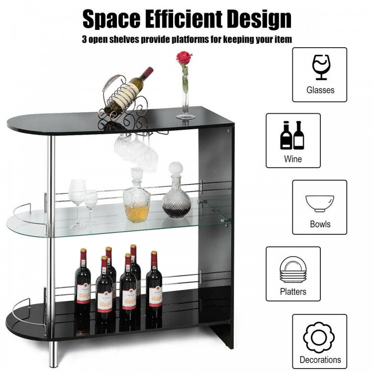 Black 2-holder bar table with tempered glass shelves, featuring a modern design for wine and glass storage.