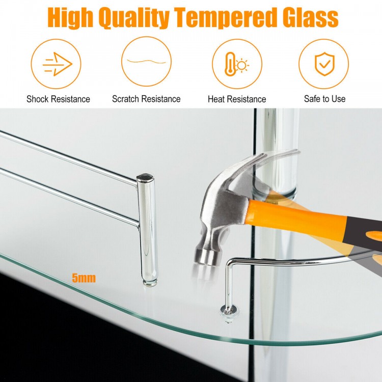Tempered glass shelf detail of a 2-holder bar table with sturdy metal frame, ideal for wine and glass storage.