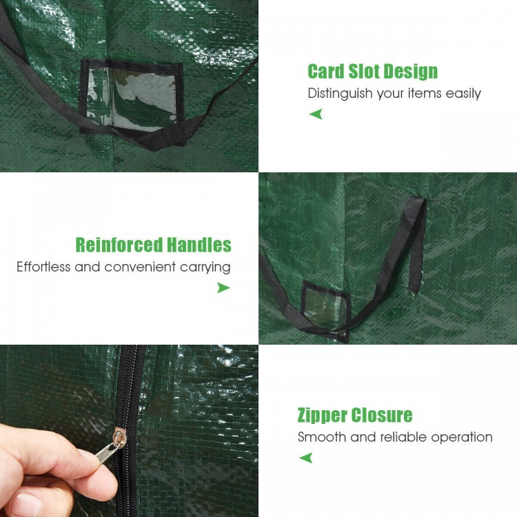 Christmas tree storage bag with reinforced handles, zipper closure, and PVC card slot for easy item identification.