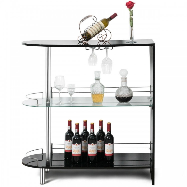 Black 2-holder bar table with tempered glass shelves, perfect for storing wines and glasses in a modern setting.