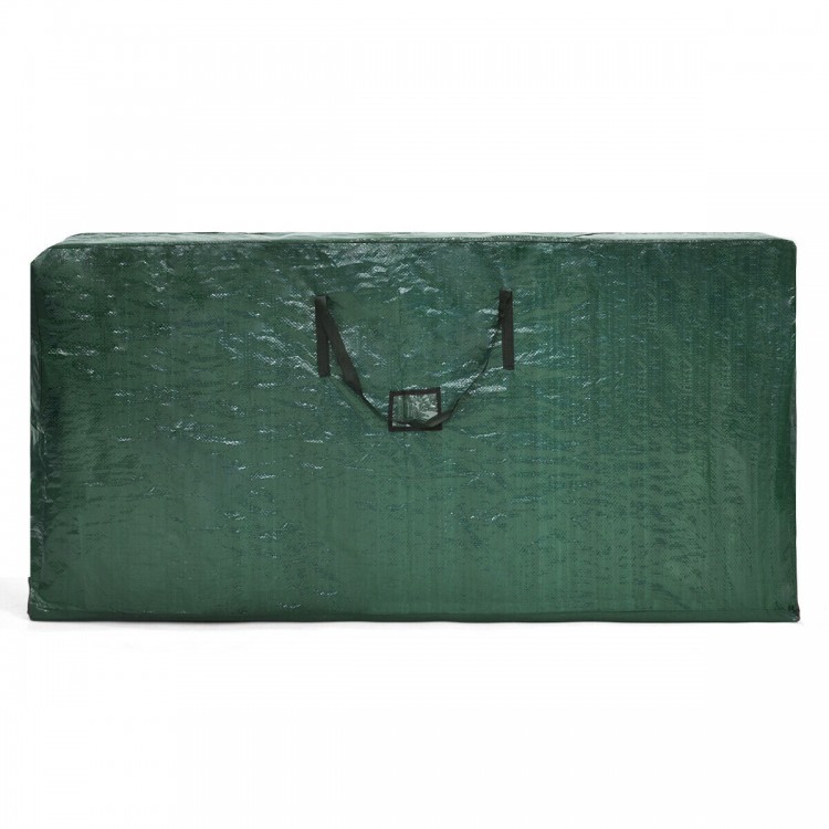 Oversized green polyethylene storage bag for 9 ft Christmas tree, featuring a durable zipper and foldable design for.