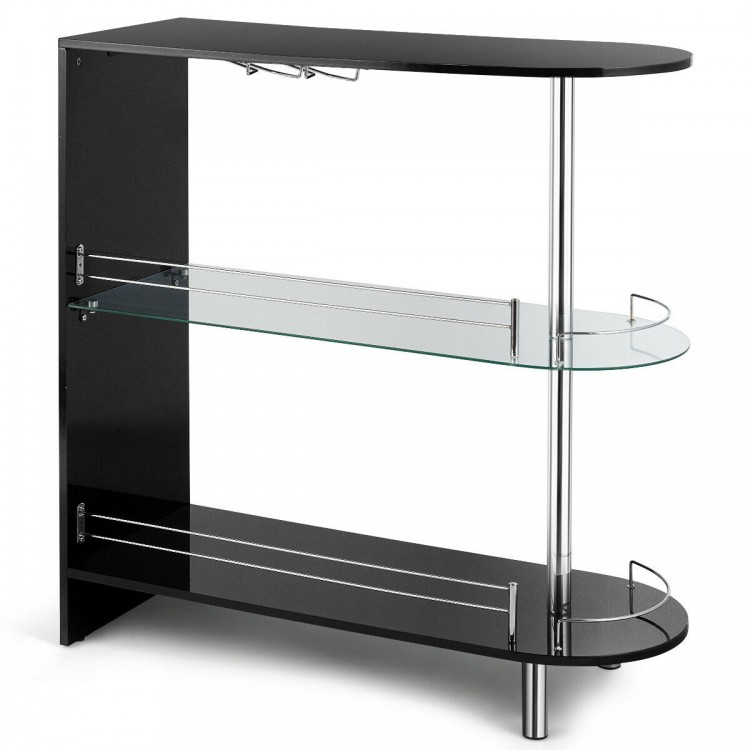 Black 2-holder bar table with tempered glass shelves, featuring a sturdy metal frame for stylish wine storage.