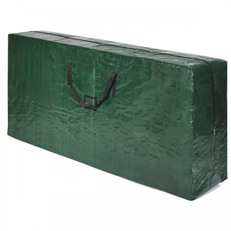 Large green PE storage bag for 9 ft artificial Christmas tree, waterproof with reinforced handles for easy carrying.
