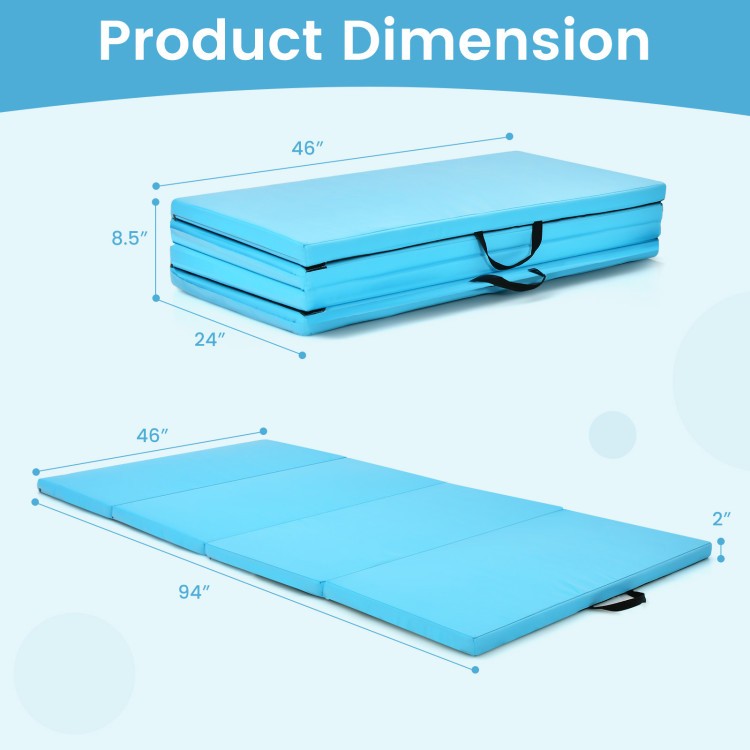 4-panel gymnastics mat in blue, featuring a foldable design with carrying handles, ideal for yoga and martial arts.