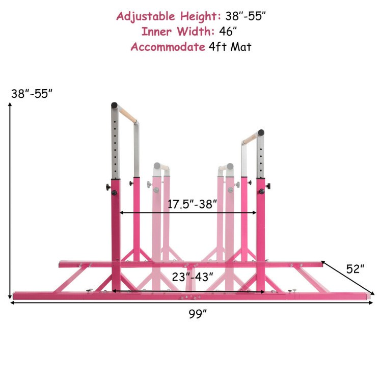 Adjustable pink gymnastic training parallel bars with a height range of 38"-55", suitable for various exercises.