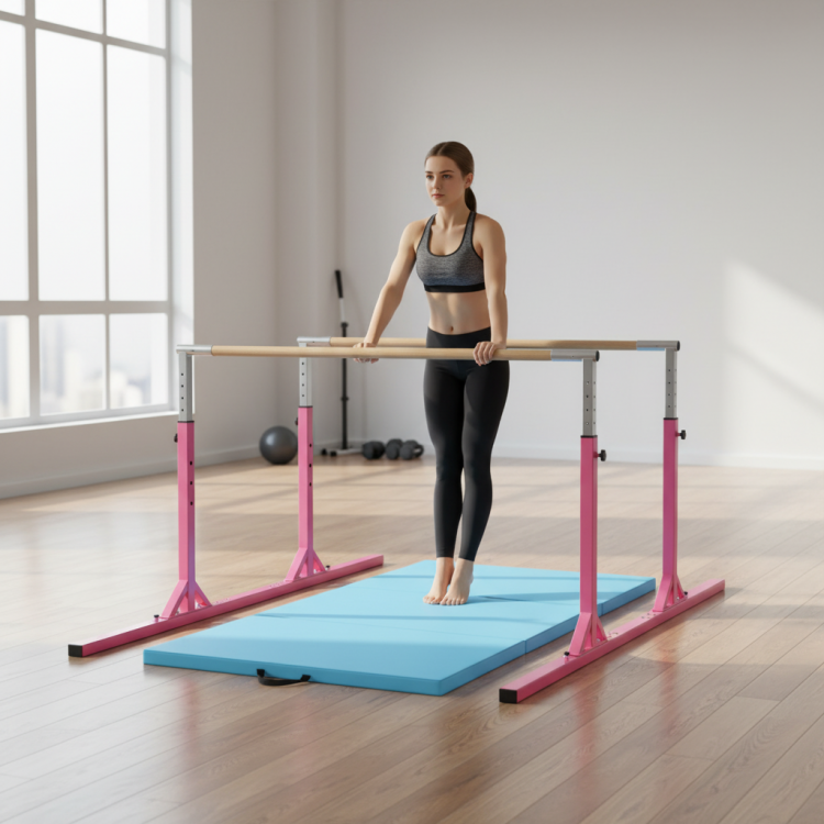 Gymnastic training parallel bars with adjustable height, paired with a blue 4-panel gymnastics mat for versatile.