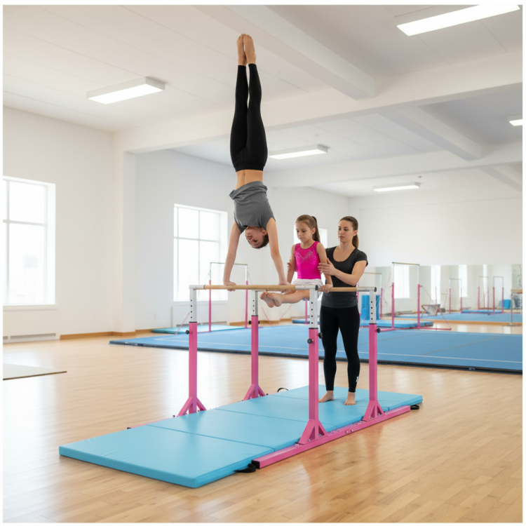 Gymnastic training parallel bars with a child practicing a handstand, featuring a 4-panel gymnastics mat for safety.