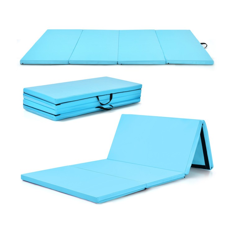 4-panel blue gymnastics mat with carrying handles, featuring high-density foam for yoga and martial arts training.