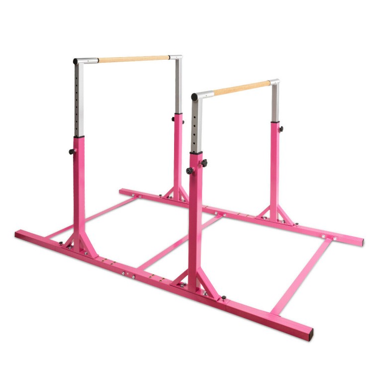 Adjustable pink gymnastic training parallel bars with durable steel frame, ideal for gymnastics and yoga practice.