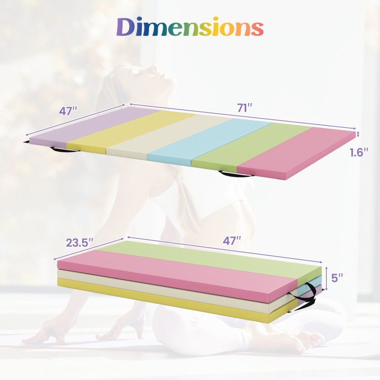 Colorful tri-fold gymnastics mat with dimensions 71"x47"x1.6", featuring high-density foam for comfort and portability.