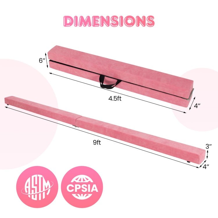 Folding gymnastics balance beam in pink with dimensions, featuring sturdy pine wood base and portable design for easy.