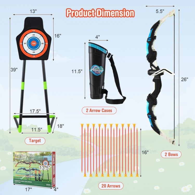 Youth archery bow set with 2 bows, 20 suction cup arrows, and target, designed for kids' safe play and fun competition.