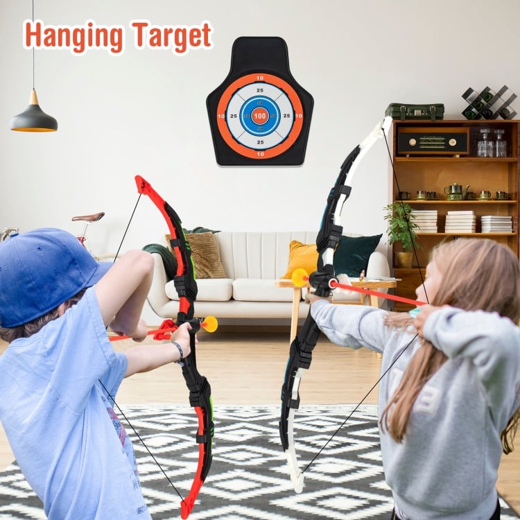 Youth archery bow set featuring two bows, 20 suction cup arrows, and a hanging target for indoor fun.