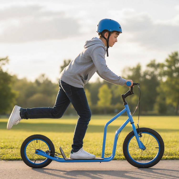 Youth scooter in blue with adjustable handlebar and 16-inch inflatable wheels, ideal for kids and teens.