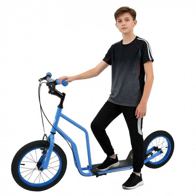 Youth scooter in blue with adjustable handlebar and 16/14-inch inflatable wheels, ideal for ages 8 and up.