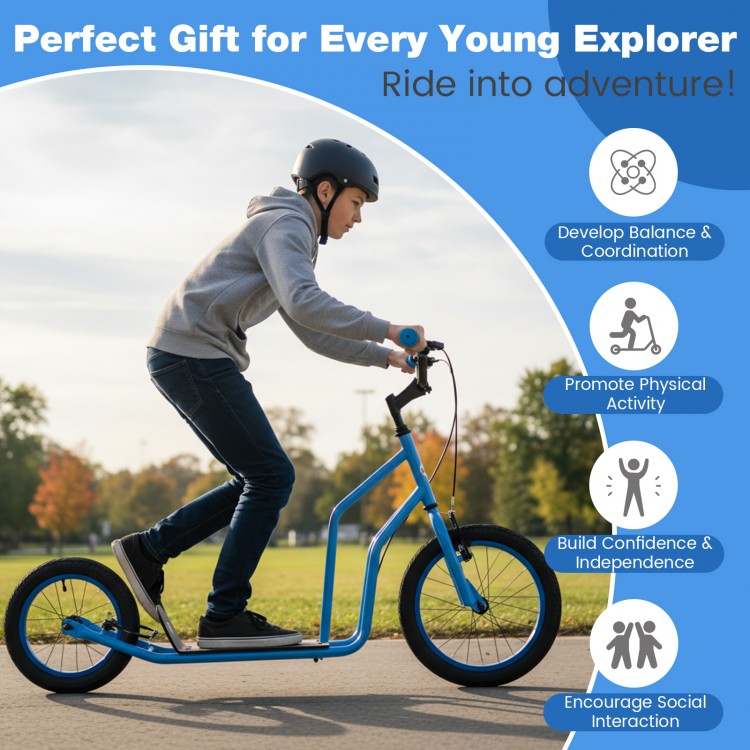Youth scooter in blue with adjustable handlebar and 16/14-inch inflatable wheels, ideal for kids aged 8+ for safe.