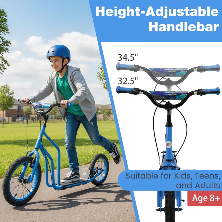 Youth scooter with adjustable handlebar, 16/14-inch inflatable wheels, and sturdy metal frame for ages 8 and up.