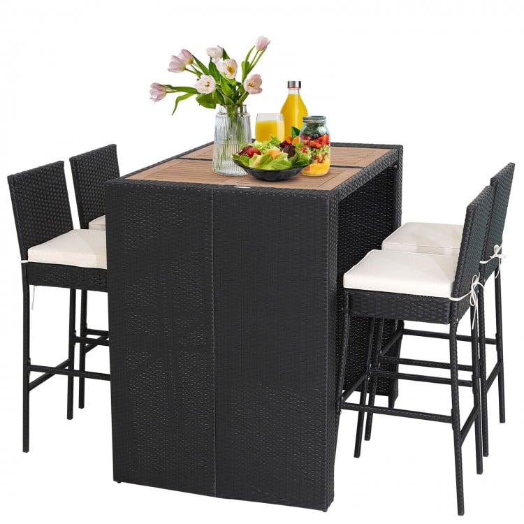 5-piece patio dining set featuring a solid acacia wood tabletop, PE wicker, and soft padded cushions for outdoor.