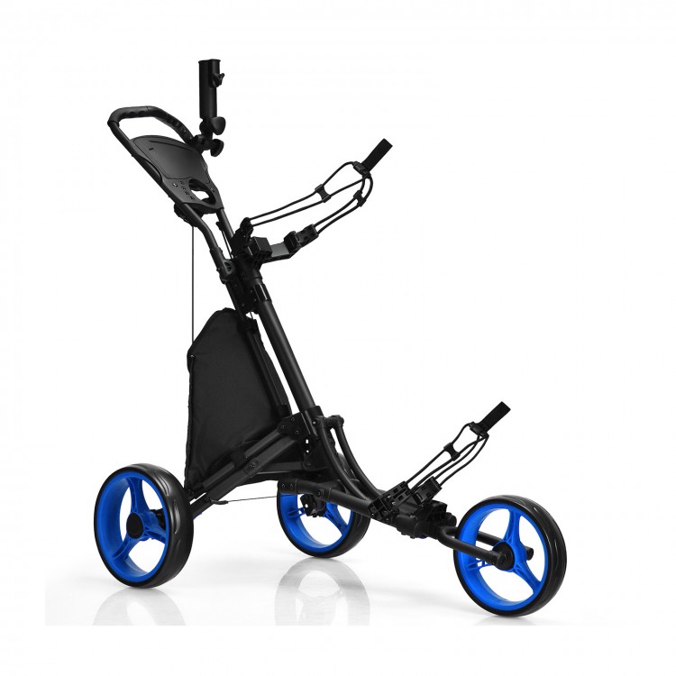 Folding 3 wheels golf push cart showing ball bearing wheels and ergonomic handle for stable and comfortable pushing on.